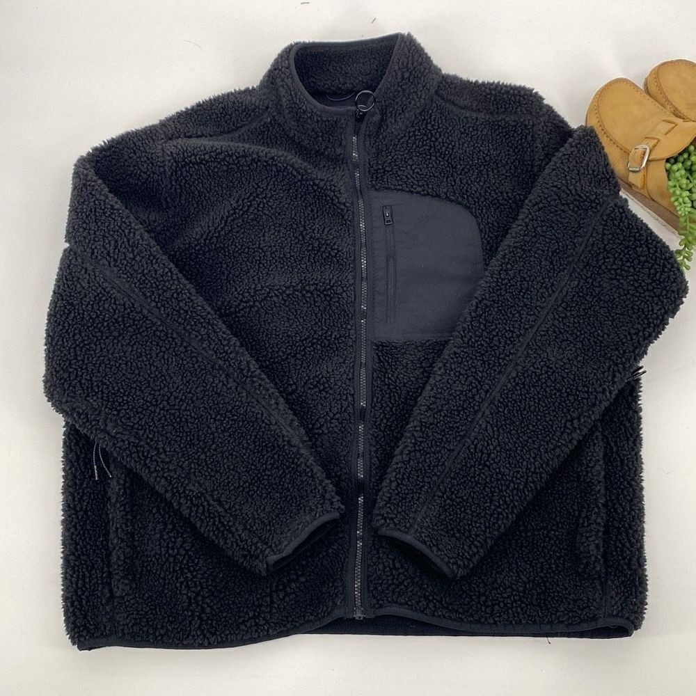 Lands End Full Zip -Up Fleece Teddy Sherpa‎ Jacket Pockets Black XL